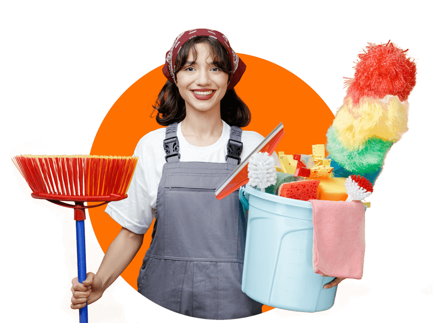 cheerful housekeeper holding a broom and other cleaning tools, circular orange background