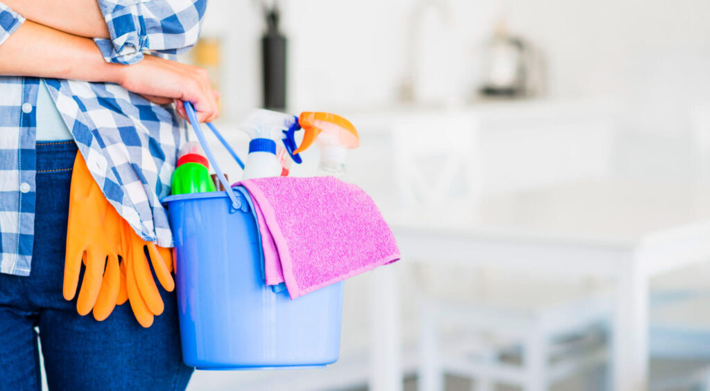 young cleaning woman in a checked shirt holding a bucket of cleaning tools.